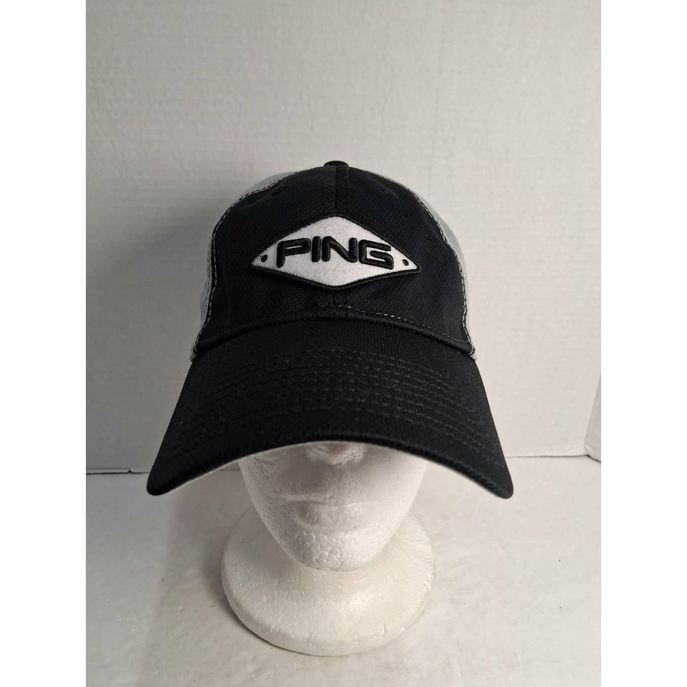 PING Golf Cap Hat Flex Fit  Embroidered Logo "Play‎ Your Best" Black Grey S/M